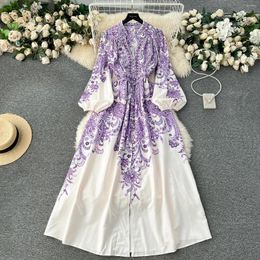 Casual Dresses Court Style Maxi For Women Printed V-neck Lantern Sleeve Female Vestidos De Mujer A-line High Waist Dress Drop