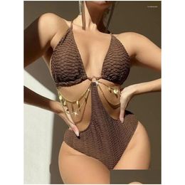 Women'S Swimwear Womens Ring Linked Cut Out One Piece Swimsuit 2023 Sexy Chain Monokini Bathing Suit May Female Solid Bodysuit Drop Dhzul