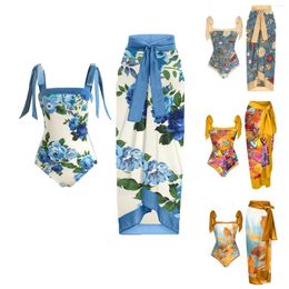 Women Vintage Floral Printed Fashion Swimsuits 2 Piece Spaghetti Strap Monokini With Cover Ups Female Swimwear Beachwear