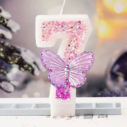 5Pcs Candles Pink Butterfly Birthday Candle Cake Decoration Colours 3D Number Candles Sparkling Digital Candle Wedding Party DIY Decoration