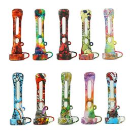 Silicone Glass One Hitter Smoking Pipes Colour Water Tranfer Printed Pattern Herb Tobacco With Keychain Hole Hand Pipe and Silicone Protection Cap Lid