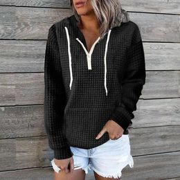 Women's Jackets Leisure Home Clothes Womens Zipper Hooded Pocket Solid Color Waffle Long Sleeve Sweater For Women