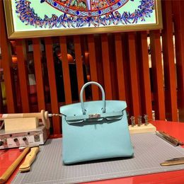 Tote Designer Platinum Family's Bag Handmade Wax Thread Sewing Handbag Bk25cm Makaron Blue Epsom Cow Leather Gold Buckle WRVO