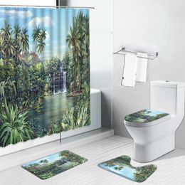 Shower Curtains Palm Tree Forest Waterfall Scenery Bathroom Set Curtain Anti-Slip Bathing Mat Doormat Toilet Lid Cover Rug Kitchen Carpet
