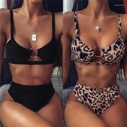 Women's Swimwear Summer Swimsuit 2 Pieces Split Leopard Sexy Solid Color Bikinis Stylish Female