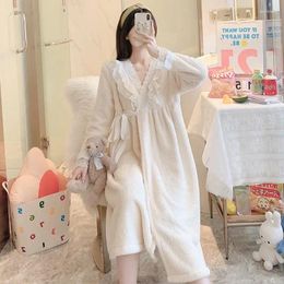 Home Clothing Winter Women's Bathrobe Fleece Warm Long Sleeve Lace Ladies Robe V Neck Korea Style Cute Thick Dressing Gown For Female