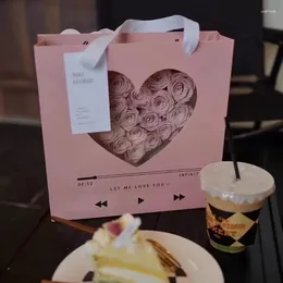 Gift Wrap 10pcs Heart Shaped Transparent Display Style Handbag Pink Packaging Paper Bags Holiday Heart-shaped Bouquet Bag