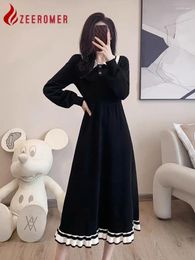 Casual Dresses 2024 Autumn Winter Vintage Temperament Black Knitted Long Dress Women Lapel Sleeve Patchwork Ruffle Sweater
