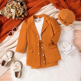 Clothing Sets 4-7T Girls Spring Autumn Solid Colour Bottom Shirt Fashionable Lapel Suit Jacket Breasted Skirt Hat 4Pcs Set Kid Clothes