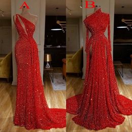 New Arrival Long Sleeve Red Mermaid Prom Dresses One Shoulder Sequins High Side Split Floor Length PleatsFormal Evening Gowns robe de s 235u