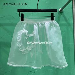 Skirts Organza Bow Pearl Bandage Apron Lace Up Mesh Mini Skirt Dress Overskirt White Color Women's Clothes Summer