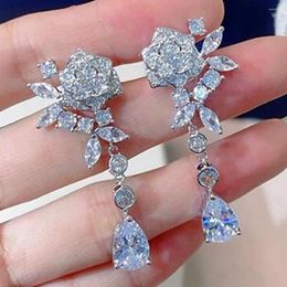 Stud Earrings Custom Solid 18K White Gold Women Rose Flower Water Drop Moissanite Diamonds Wedding Party Engagement Anniversary