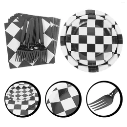 Disposable Dinnerware Black White Grid Plates Party Supplies Car Birthday Decorations Race Theme Chequered Paper