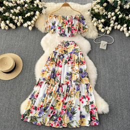 Summer Holiday Flower Two Piece Set Womens Sexy Off Shoulder Short Crop Tops Floral Print Long Skirt Suit Outfits 638 240514