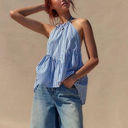 Women's Blouses Women 2024 Summer Sleeveless Striped Peplum Ha Lter Tank Top Sexy Open Back Ruched Ruffle Hem Casual Alien Shirts For