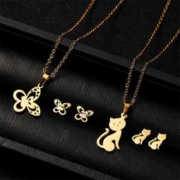 Earrings Necklace Classic Stainless Steel Cat Pendant Necklace Earring Set Womens Cartoon Butterfly Star Jewellery Set Anniversary Gift XW