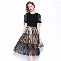 Work Dresses 2024 Summer Elegant Two Piece Set Women Short Sleeve Dot Mesh Splice Knit Black Top Fashion Embroidery Tulle Lace Skirt