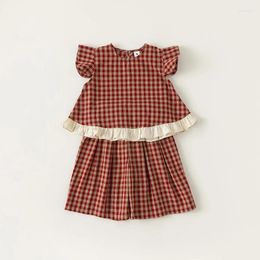 Clothing Sets Girl's Red Plaid Print Single Button Flying Sleeve Loose Shirt High Waist Pants Two Pieces Kids Casual Suits