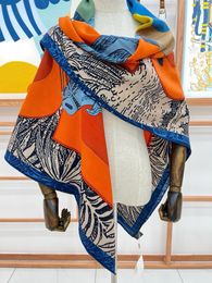 brand140*140cm Designer silk scarf big H shawl twill silk hand-rolled scarf luxury four seasons large cashmere scarf deformed knight pattern double-sided same color