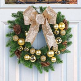 Decorative Flowers Bowknot Christmas Advent Wreath Cordless Pine Garland Multifunctional With Led Light String For Door Window Fireplace