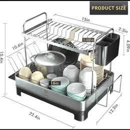 Kitchen Storage Tableware Drying Rack Double-layer Stainless Steel With Drainage Plate And Rotatable Nozzle