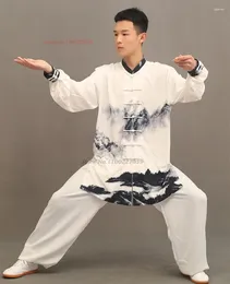 Ethnic Clothing 2024 Chinese Vintage Tai Chi Wushu Martail Arts Uniform Landscape Print Tops Pants Set Training Exercise Clothes