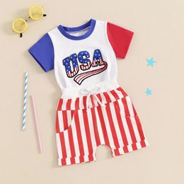 Clothing Sets Toddler Boy 4th Of July Outfit Letter Embroidery Short Sleeve T-Shirt With Stripe Shorts For Independence Day