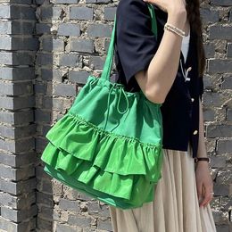 Shoulder Bags Korean Style Literary Canvas Bag Drawstring Pleated Skirt Hem Design Cloth Large Capacity Handbag Tote Female