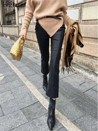 Women's Pants PU Autumn Winter Leather Flared Pant Women Bodycon Casual Modis High Waist Ladies Trousers Office Korean Woman Black 2024