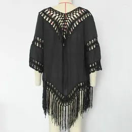 Sexy Women Cover-up Stylish Crochet Knitted Beach Cover Ups For V-neck Lace-up Swimsuit Cardigan Hollow Out Tassel