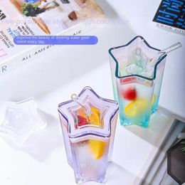 Wine Glasses With Lid And Straw Pentagram Glass Cup Gift Gradient Colour Coffee Juice Cups Transparent Dream Starry Sky