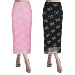 Skirts Bowknot Print Sexy Long Skirt Bodycon Women See Through Mesh Ruffled Hem Sweet Pencil Wrapped Hip Y2k Faldas