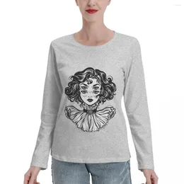 Women's Polos Gothic Witch Girl Head Portrait With Curly Hair And Four Eyes. Long Sleeve T-Shirts Tops Female Clothing Clothes For Woman