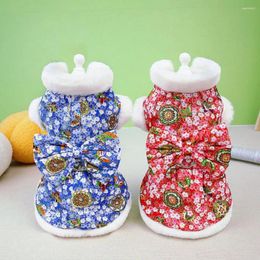 Dog Apparel Pet Cotton Coat Autumn Winter Chinese Year Floral Print Warm Two-legged Puppy Cat Outfit Clothes