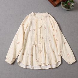 Women's Blouses Japan Style Mori Girl Literature Print Hollow Out Shirt Women O-Neck Long Sleeve Casual Loose Cotton Blouse Tops Mujer