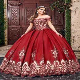 2020 Wine Red Nude Ball Gowns Vestidos De Quinceanera Dresses Lace Applique Beaded Crystal Off The Shoulder Short Sleeve Sweet 16 Dress 222w