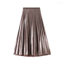 Skirts Golden Veet Mesh Half For Women Wearing On Both Sides 2024 Autumn And Winter Mid Length High Waisted Pleated Gauze Skirt