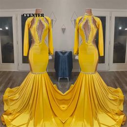 2023 Yellow gold Prom Dresses For Black Girls African Party Dress Long Sleeve Special Occasion evening Gown Mermaid robe de femme GW021 2683