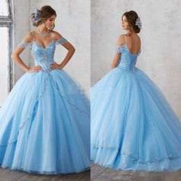 Sky Blue Off the Shoulder Quinceanera Dresses Luxury Beaded Ball Gown Capped Sleeves Straps Pageant Formal Dress Sweet 16 Birthday Part 3059