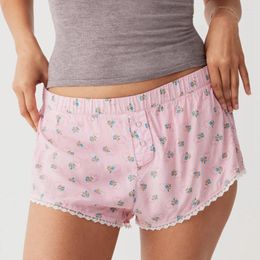 Women's Sleepwear Combhasaki Y2K Kawaii Summer Floral Print Wide Leg Shorts Lace Trim Elastic Low Waist Sleep Bottoms With Button Decor