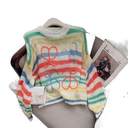 Women's pullover rainbow gradient stripe logo letter embroidery loose knit sweater SML
