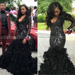 2022 New Bling Black Mermaid Long Sleeve Feather African Prom Dresses with Train Deep V-Neck Plus Size Graduation Party Dress Formal Go 3131