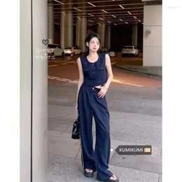 Women's Two Piece Pants Temperament Casual Vest Wide Leg Two-piece Set Women O-neck Sleeveless Single Breasted Solid Slim Summer Chic Lady