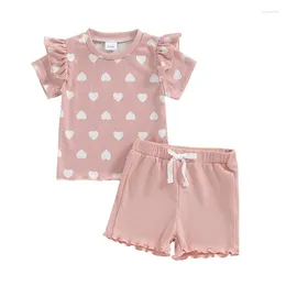 Clothing Sets 2024 0-4Y Toddler Girls Summer Outfit Heart Print Short Sleeve T-Shirt And Elastic Shorts Set Cute 2 Piece Clothes