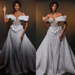 Stunning crystal Mermaid Wedding Dress with detachable train appliqued off shoulder Bridal Gowns for black women backless African Arabic plus size wedding dresses