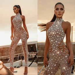 High Collar Crystal Prom Dresses Illusion Sleeveless Jumpsuit Beaded Dubai Women Sexy Evening Gowns Special Occasion Dress 310F