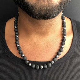 Beaded Necklaces Hematite mens beaded necklace with black lava stone jewelry d240514