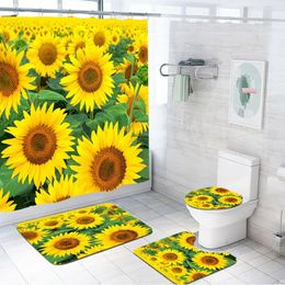 Shower Curtains Sunflower Waterproof Curtain 4 Piece Bathroom Mats Set Toilet Lid Cover Rugs Anti Slip Carpets Room Floor