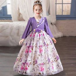 Girl's Dresses New elegant foreign long-sleeved girl dress retro chiffon print princess skirt national performance clothing 4-12 year old girl Y240514