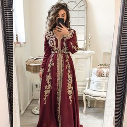 Muslim Evening Dresses A Line V-neck Long Sleeves gold beaded lace Dubai Abaya Saudi Arabic Moroccan Long Evening Gown Prom Dresses Pro 258s